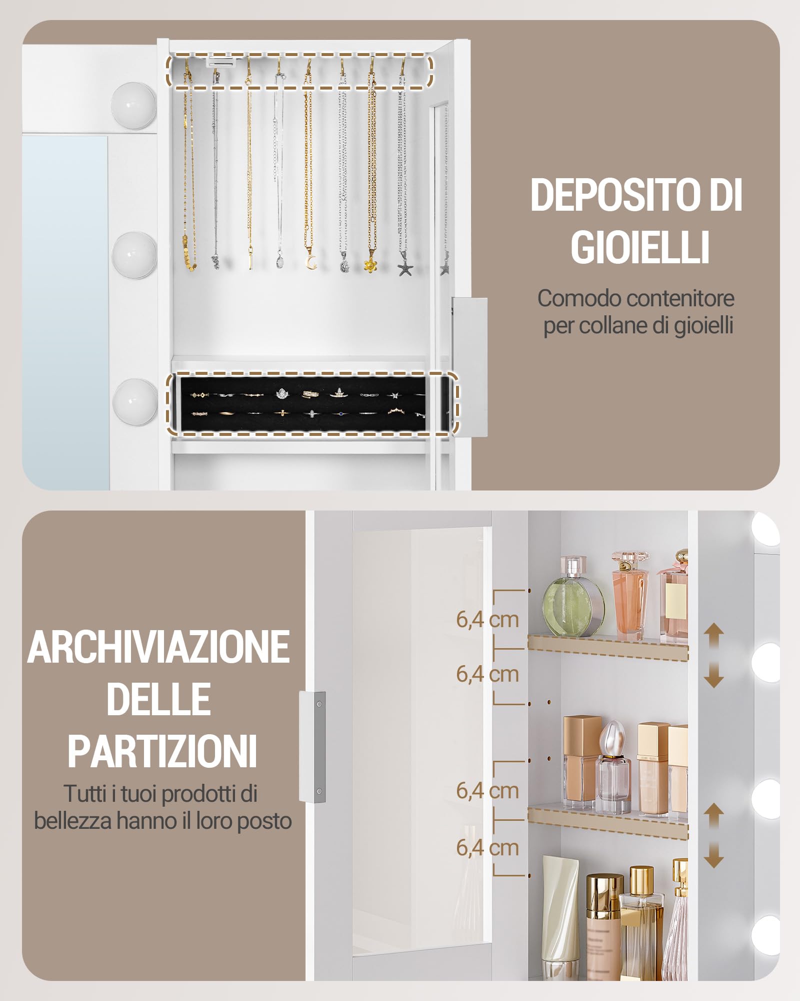 Hzuaneri 150 cm Postazione Trucco, 11 Luce LED, 3 Colori, Luminosità Regolabile, Presa di Corrente, 10 Cassettos, Deposito di gioielli, Ampia Capacità di Archiviazione, Bianco-Argento DT43703XEU