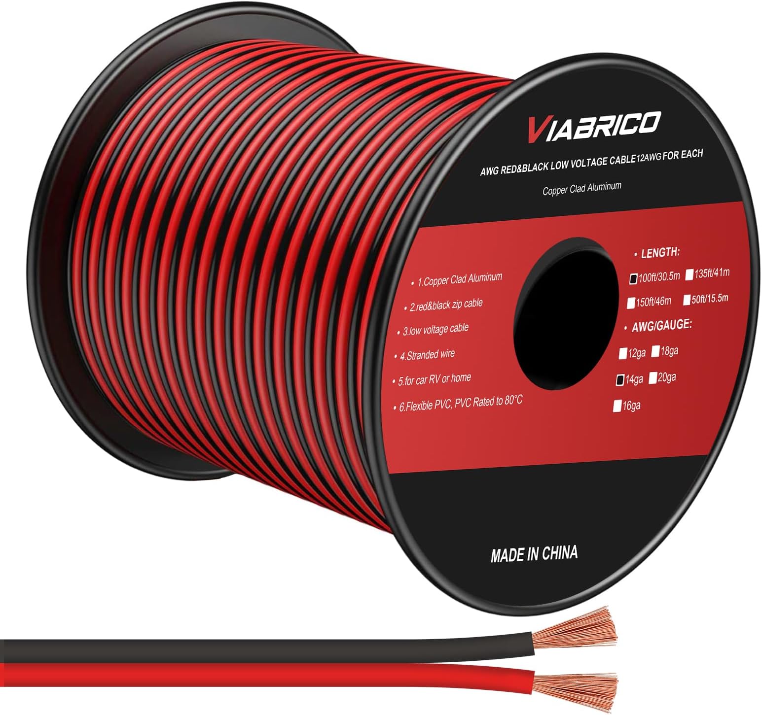 VIABRICO 14AWG 100FT Electrical Wire Cable 2 Conductors Red Black Cable Hookup LED Lighting Strips Flexible Wire Extension Cord 14 Gauge Copper Clad Aluminum Copper Wire 12V/24V DC Cable