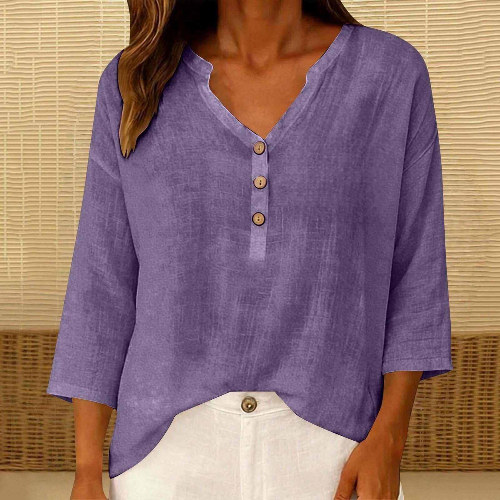 Camicetta da donna in mussola con maniche a 3/4, in lino, scollo a V, con bottoni | Materiale traspirante in cotone e lino, vestibilità comoda, versatile, elegante abbottonatura