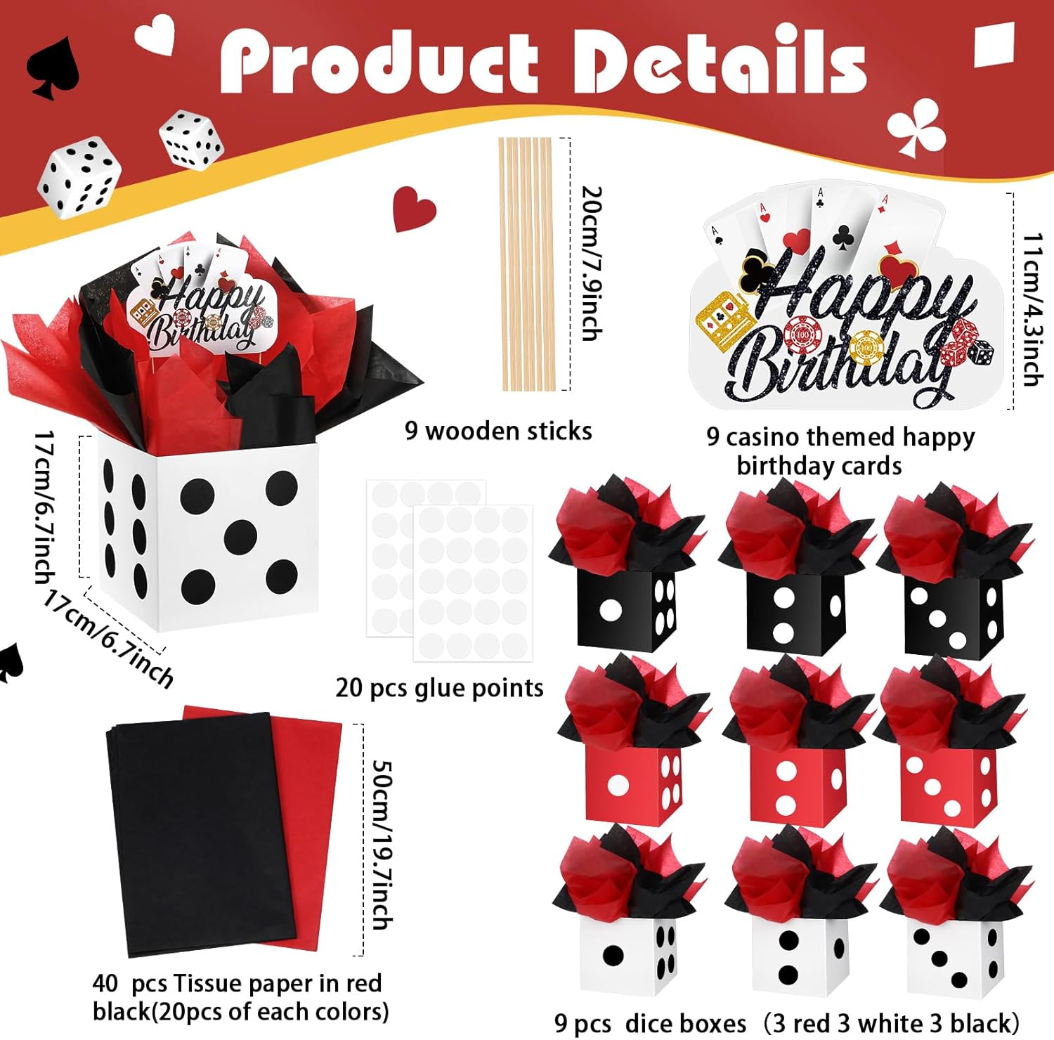 9 Set Casino Theme Birthday Party Decorations for Table Centerpiece with Dice Box Poker Cutouts Sticks Black and Red Tissue Paper for Game Night Party Decoration