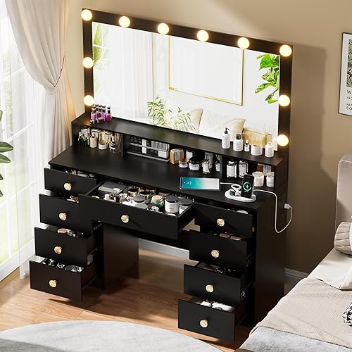 Escritorio de tocador con espejo grande y luces, tocador de maquillaje con toma de corriente, 9 cajones y estante de almacenamiento, tocador negro