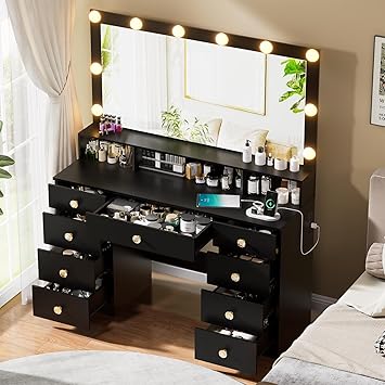 Vanity Desk with Large Mirror and Lights, Makeup Vanity with Power Outlet, 9 Drawers & Shelf Storage, Black Vanity with 3 Lighting Modes, Dressing Vanity Table for Women, Girls, Bedroom