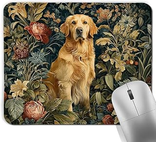 William Morris Inspired Golden Retriever Square Mouse Pad, Golden Retriever Gifts, Dark Cottagecore Vintage Floral Dog Mousepad Mat for Home Office Computer Gaming Desk Accessories 9.5x7.9 in