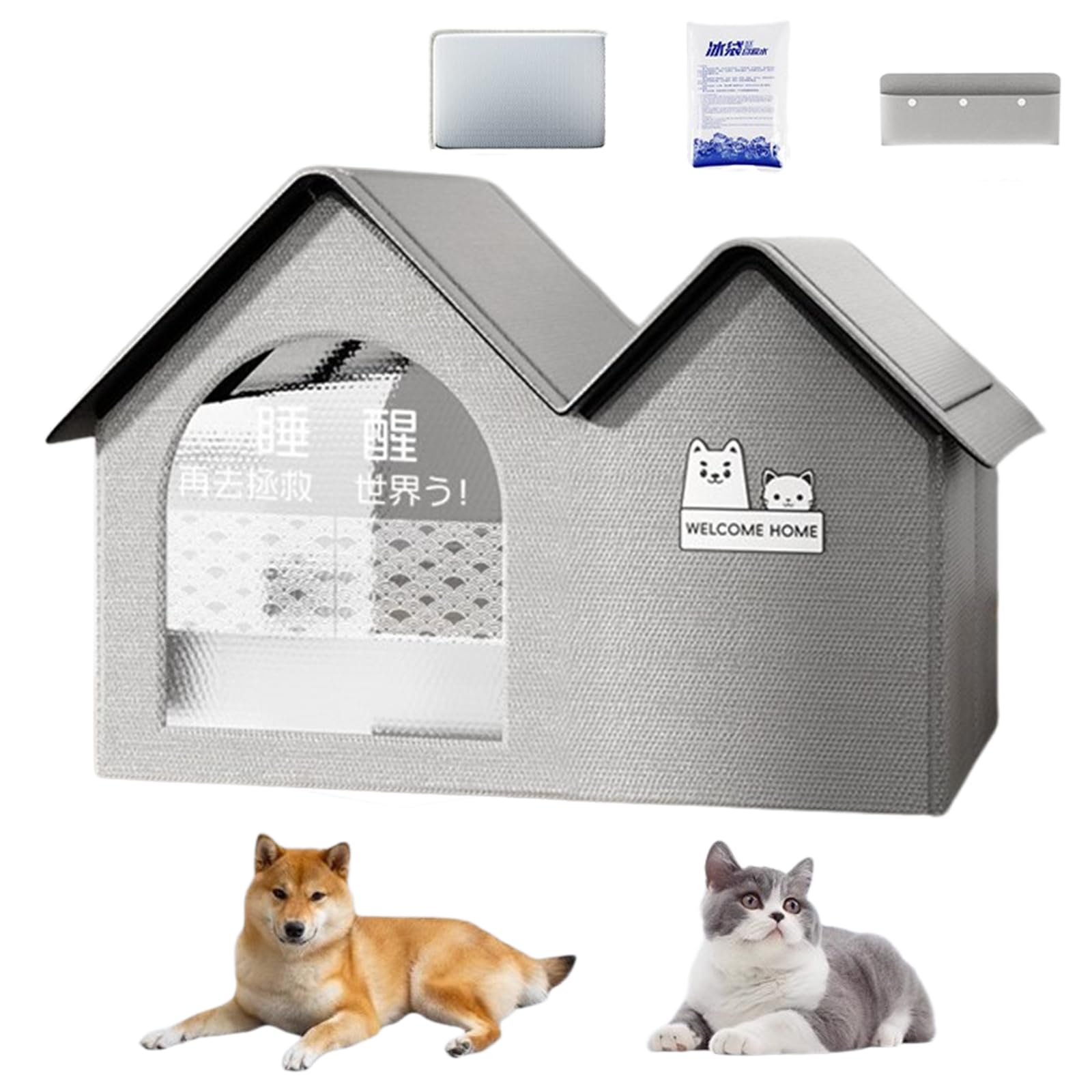 Casetta Refrigerante per Gatti, Casa di Raffreddamento per Animali Domestici, Cuccia Refrigerante Pieghevole per Gatti con 10 Impacchi di Ghiaccio, Facile da Pulire e Montare (Grigio, L)