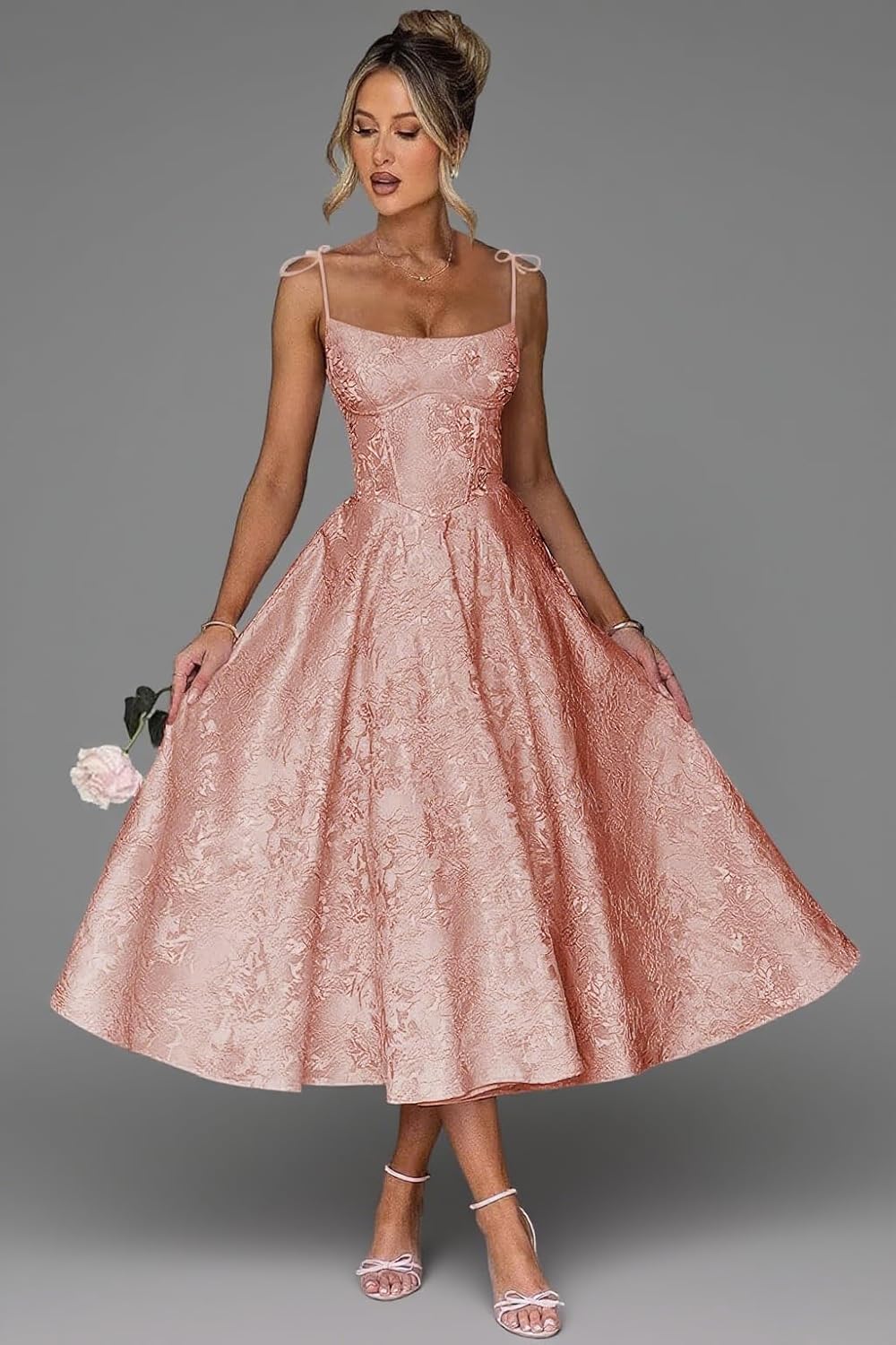 Jacquard Floral Satin Prom Dresses for Women 2026 Spaghetti Straps A-Line Midi Formal Evening Party Gown with Pockets