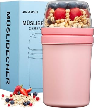 Snack Cup Reusable Snack Container with Lid,Yogurt Parfait Cups and Spoons,600ml+270ml Breakfast On The Go,Portable Cereal To Go Travel Cereal Bowl and Milk Container(Pink)