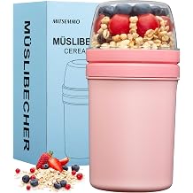 Snack Cup Reusable Snack Container with Lid,Yogurt Parfait Cups and Spoons,600ml+270ml Breakfast On The Go,Portable Cereal To Go Travel Cereal Bowl and Milk ContainerPink