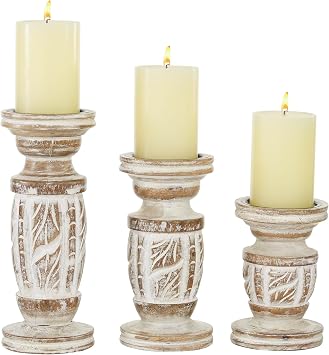 Deco 79 Wood Handmade Decorative Candle Holder Candle Stand with Carved Designs, Set of 3 Candlestick Holder 6, 8, 10H, White
