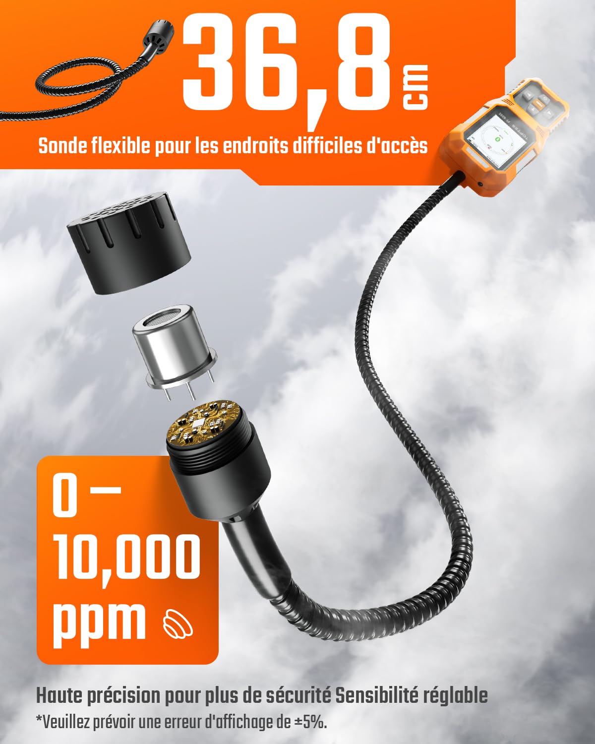 TopTes PT-830S Détecteur de Gaz Rechargeable avec Une Sonde de 36,8cm, Plage 0-10000 ppm, Écran Couleur TFT avec 3 Types d'Alarme, Détecteur de Fuite de Gaz pour Le Propane, Méthane, pour für Maison