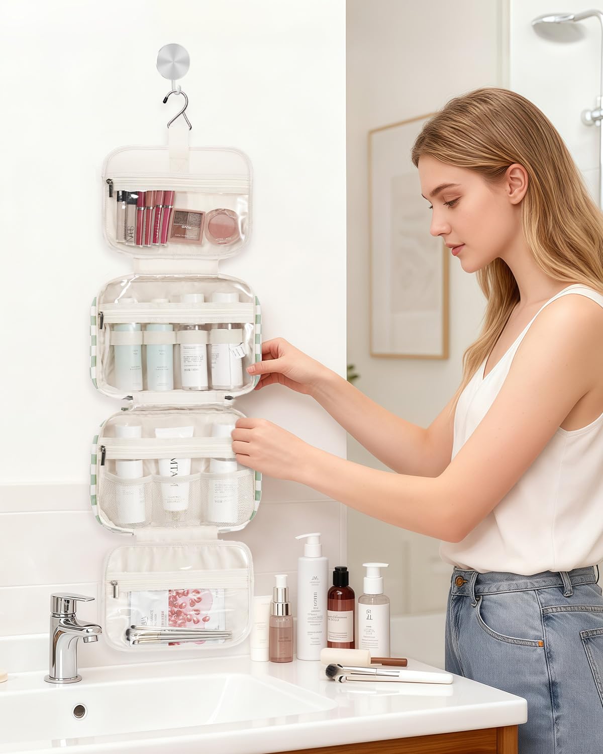 Narwey Kulturbeutel zum Aufhängen für Damen, Kulturbeutel für Reisen, Größe Essentials Zubehör, B-Minzgrünes Schachbrett, Mittel