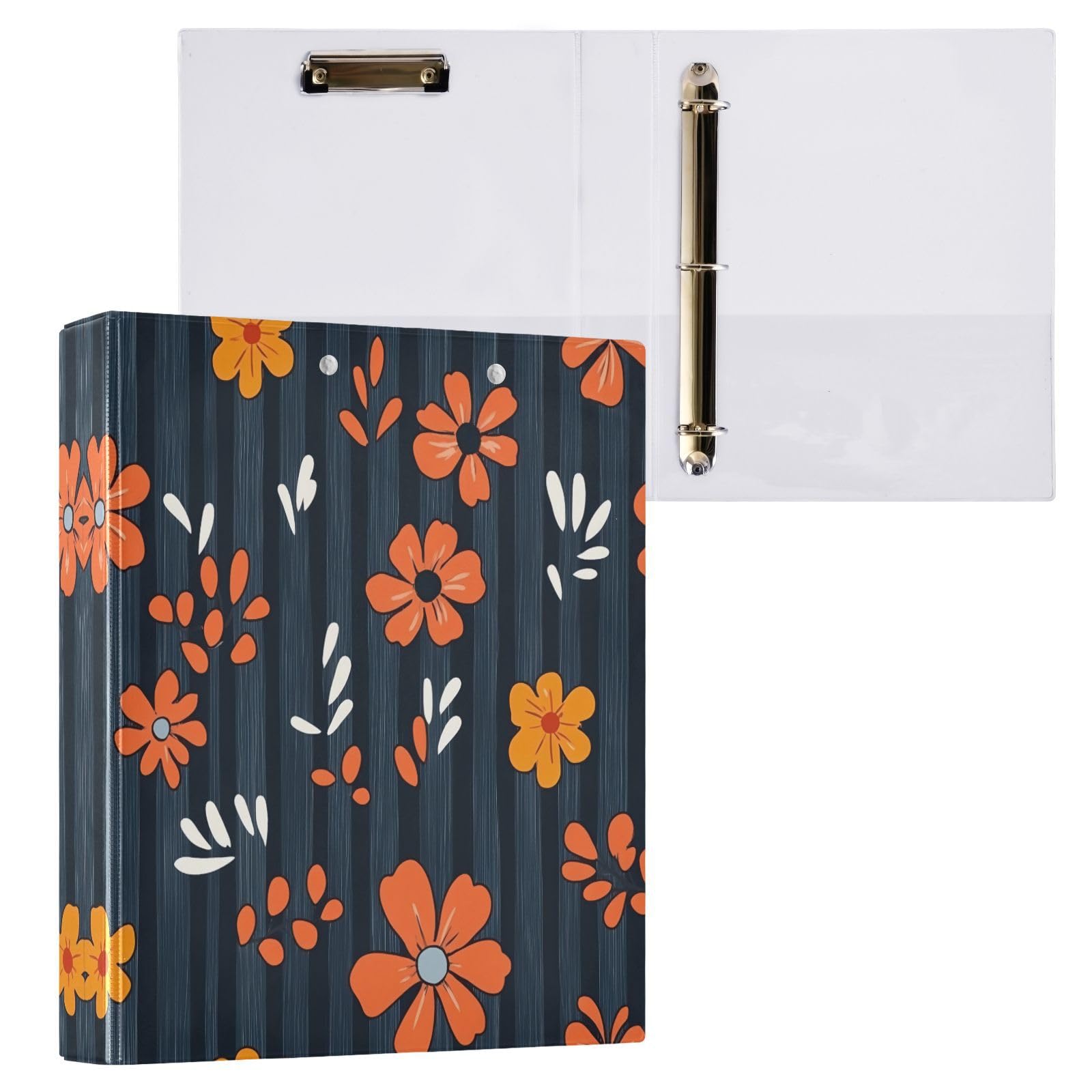 Raccoglitore ad anelli con 3 anelli, 3,8 cm, motivo fiori arancioni, con clip in metallo, formato A4, organizer per casa e ufficio, confezione da 2