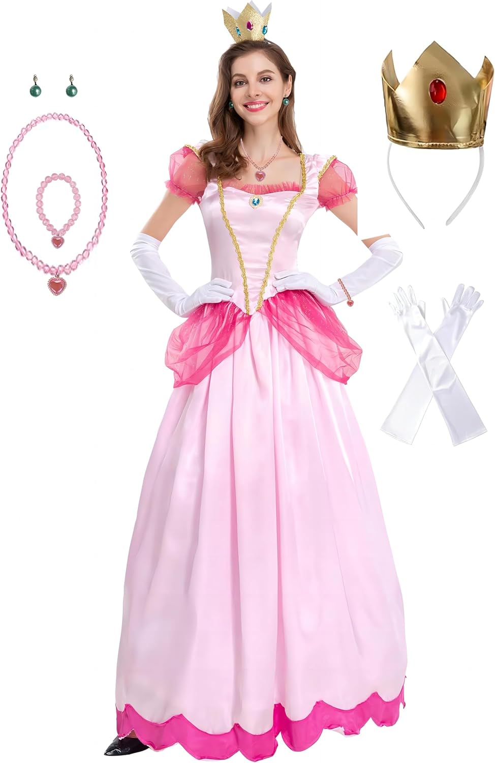 Super Borthers Costume For Women Princess Peach Costume Adult With Crown Gloves Bracelet Necklace And Earrings Medium
