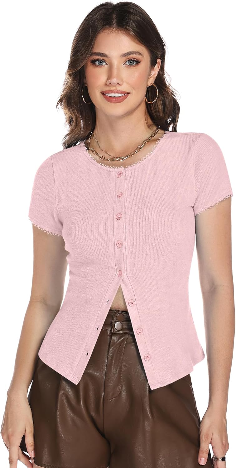 Micoson Button Down Shirts for Women Y2k Short Sleeve Ribbed Tops Lightweight Summer Cardigan Cute Trendy 2026 - Image 3