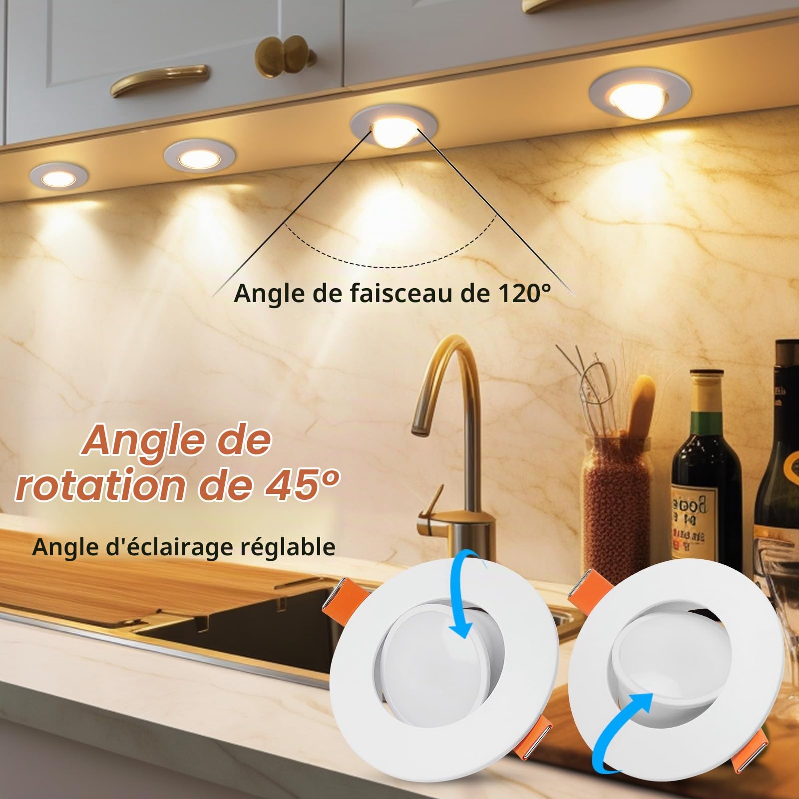 Spot LED Encastrable Blanc Dimmable Extra Plat 5W Spot LED 220V Blanc Chaud 3000K Blanc Neutre 4000K Blanc Froid 6000K Éclairage Encastré 68mm,Orientable Spots de Plafond de Salle de Bain,Lot de 6