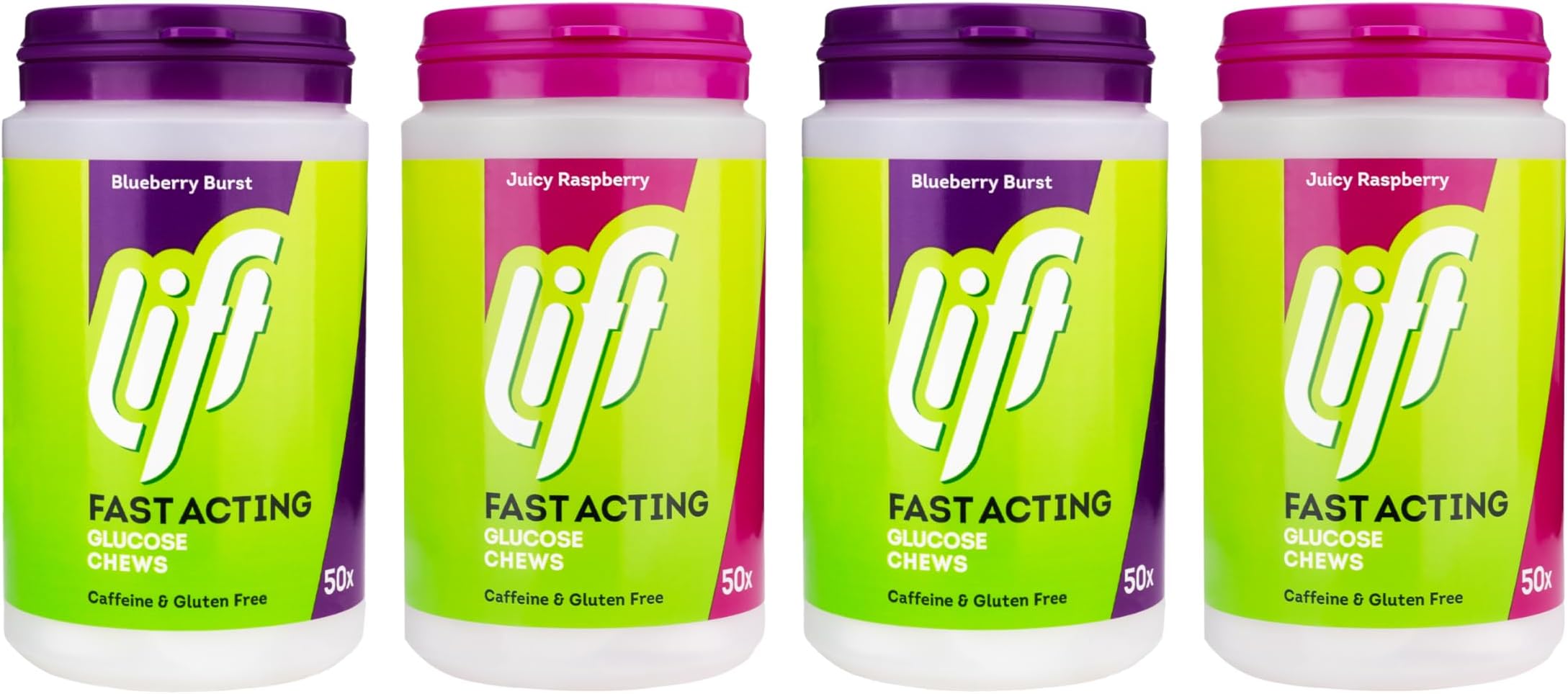 Lift Fast-Acting Glucose Chewable Energy Tablets, Mixed Raspberry and Blueberry, 4 Pack of 50-Tablet Tubs