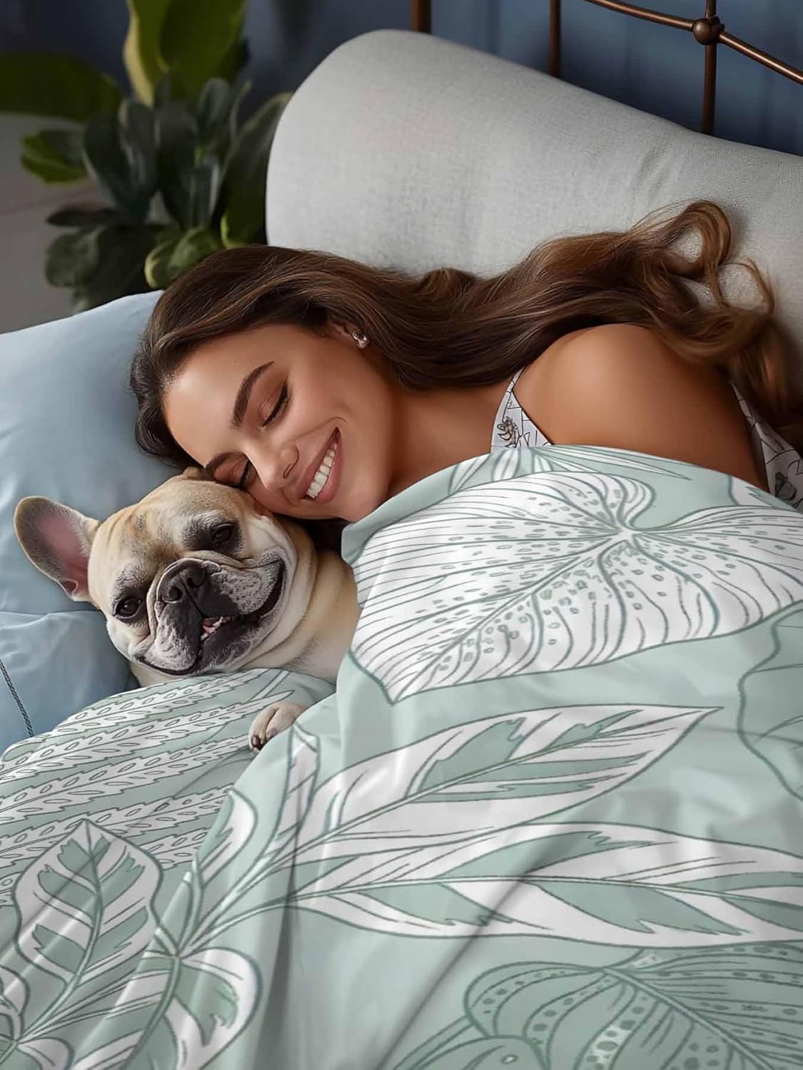 Top Sheet Full Bedding Flat Sheet Only, Abstract Fern Plants Leaves Sketch Microfiber Bed Sheets Soft Breathable Bedding Flat Sheets, Light Green Palm Leaf Hotel Luxury Top Sheets