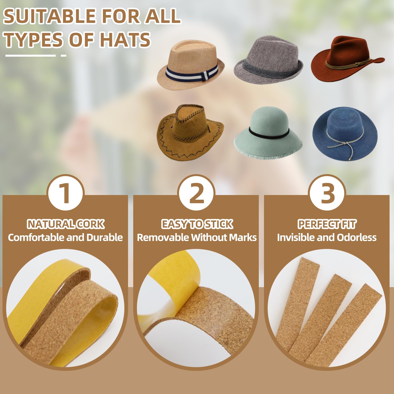Lot de 10 Reducteur Tour 200 * 20 * 2mm Bande Réducteur Ajusteur de Taille Tete de Réduction du Bandes de Liège Réglage de Ruban Adhésif pour Chapeau Cork Autocollantes en Liège Intérieur