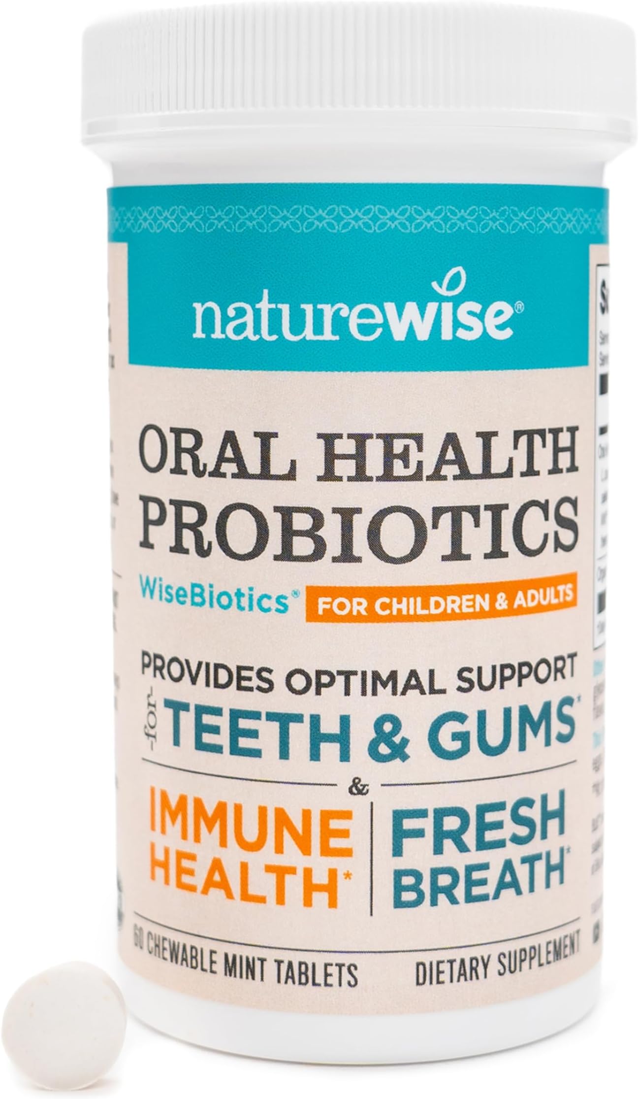 NatureWise Oral Probiotics for Mouth Bad Breath - Chewable Sugar-Free Mint - Lactobacillus reuteri Chewable - Oral Probiotics For Kids & Adults - Non-GMO USA Manufactured - 60 Count[60-Day Supply]