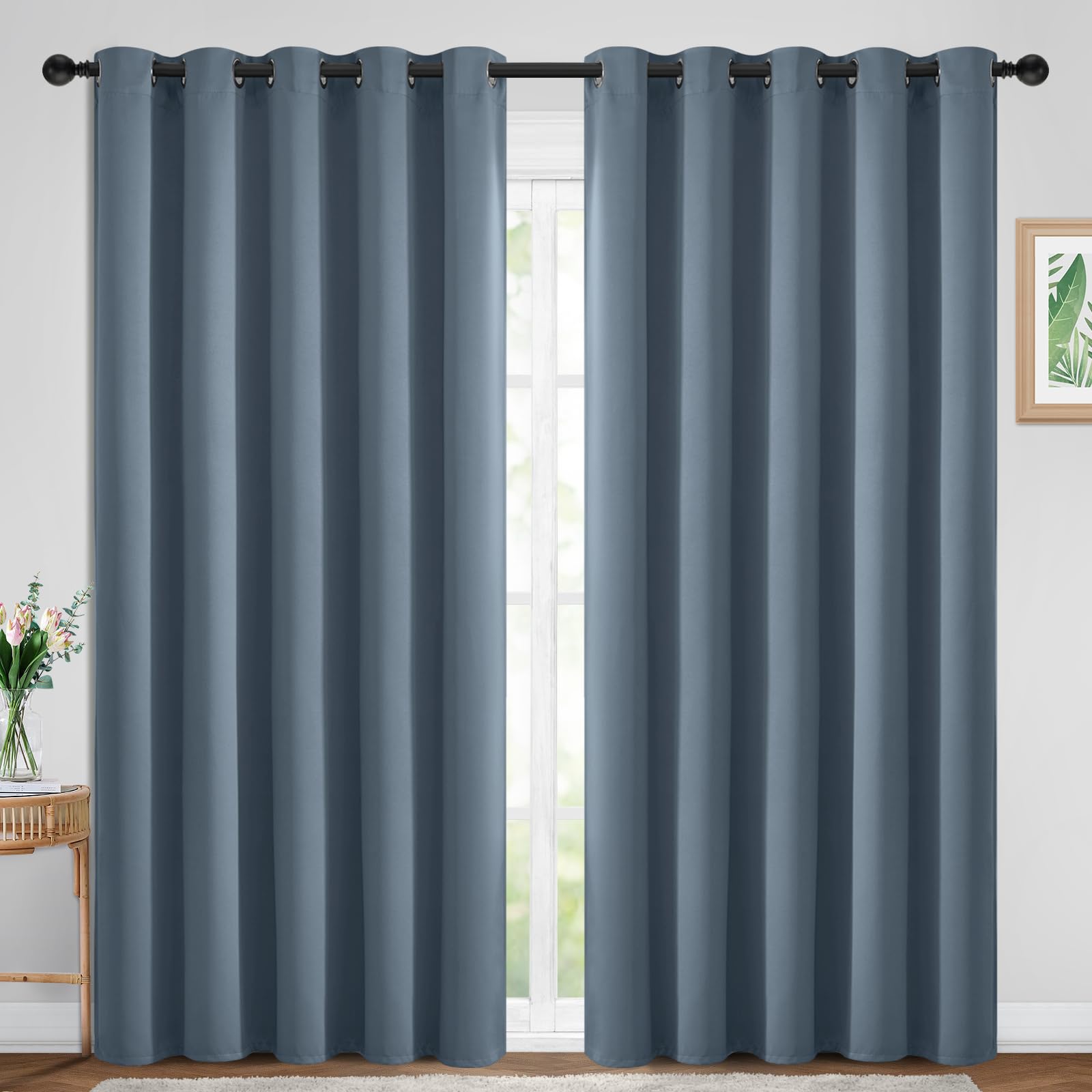 Yakamok Blackout Curtains Room Darkening Thermal Insulated Window Panels,Solid Grommet Top Drapes for Bedroom/Living Room(70Wx84L, Stone Blue, 2