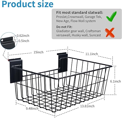 Miniatura 3 de Cesta Slatwall de 15 pulgadas de ancho x 11.1 pulgadas de profundidad, resistente con listones de alambre de acero para colgar en la pared,