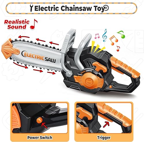 Miniatura 2 de SpringFlower Juego de herramientas para niños de 51 piezas con motosierra de juguete y taladro electrónico, juego de herramientas para niños de 3,