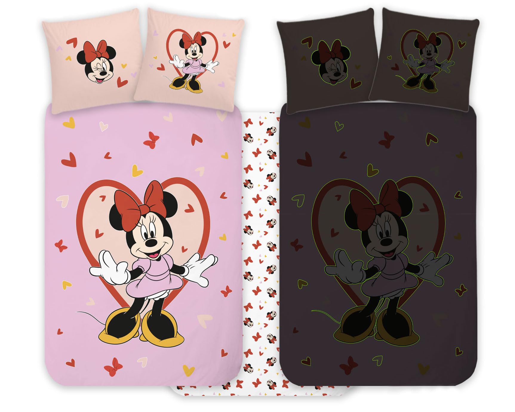BrandMac Minnie Mouse Cot Bedlinen Set 100x140 cm + Pillowcase 40x45 cm, 100% Cotton | Glow-In-The-Dark Style Baby Bedding Set Perfect for Kids | Minnie Mouse Soft Reversible Cot Bedding for Girls