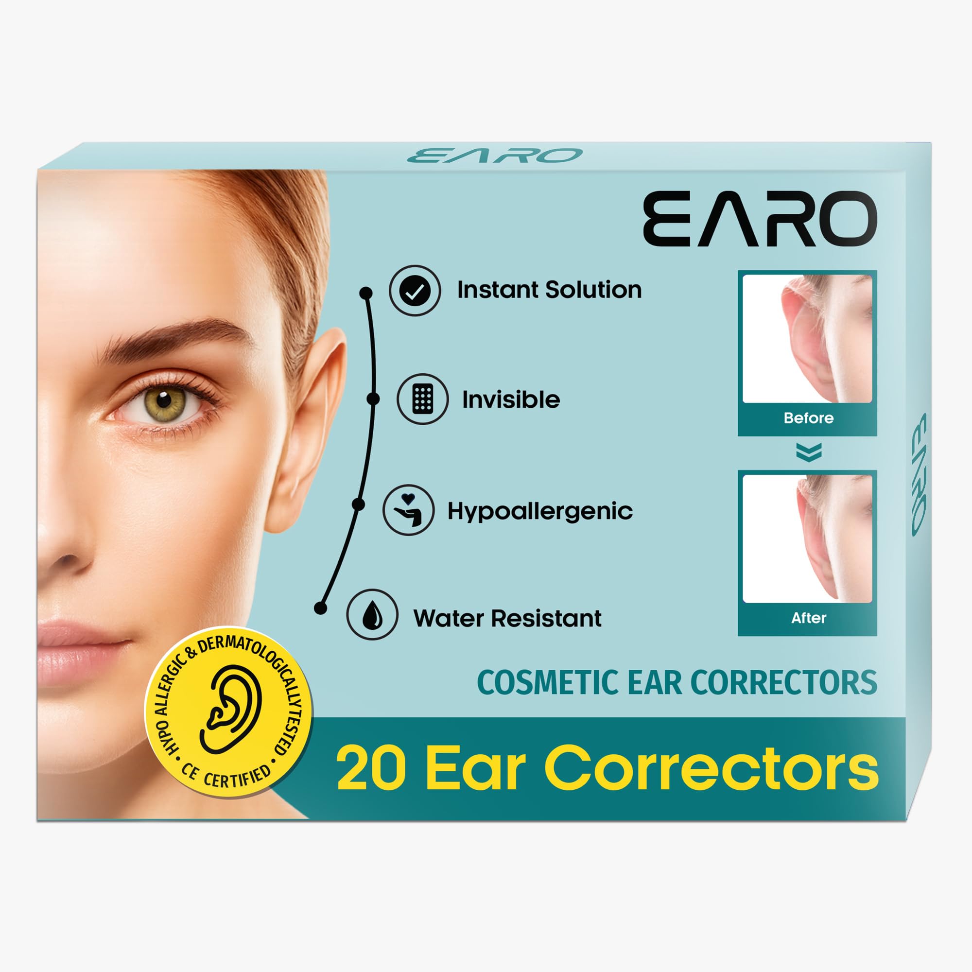 Earo Cosmetic Ear Corrector – Stronger Ear Tape Patches to Hold Back Protruding Ears Without Surgery – Discreet Ear Stickers for Big Ears - Ear Pinning Tape without Surgery – 20 Pack – Clear, One Size