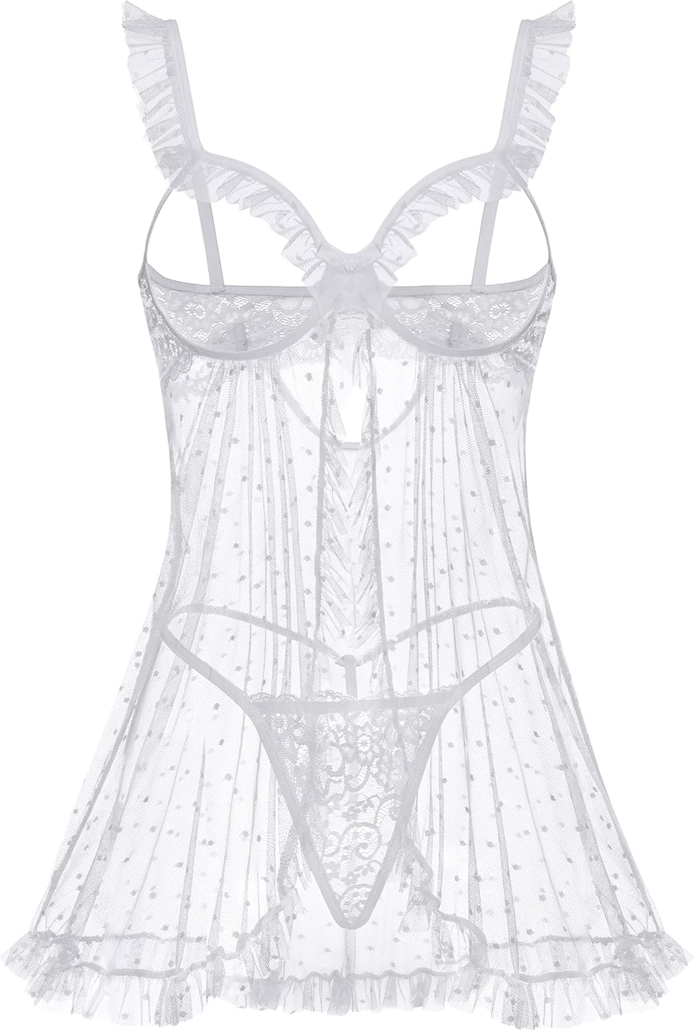 Avidlove Sexy Polka Dots Mesh Sheer Lace Babydoll Open Front Ruffle Chemise Cut Out Nightgown Lingerie With Thong XS-XXL - Image 2