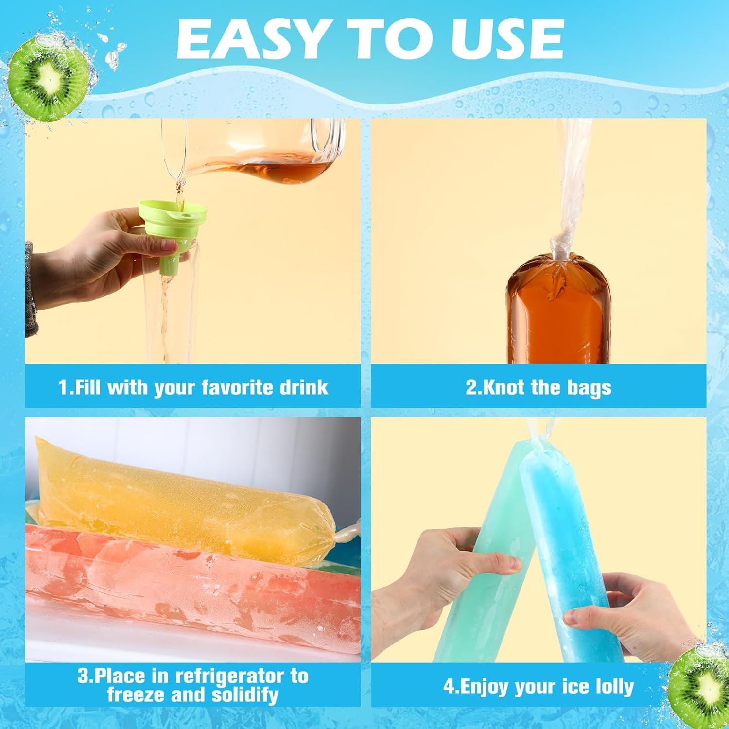 Hoolerry 600 Pcs Disposable Ice Lolly Bags Plastic Mold Ice Cream Bags with Silicone Foldable Funnel for Making Candy Yogurt Freeze Lolly (2.8 x 13.8 Inch)