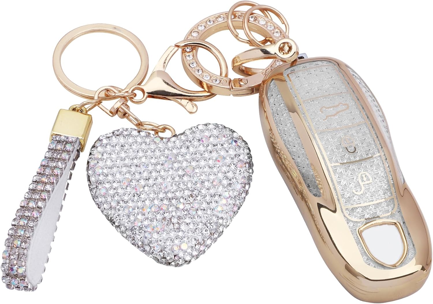 Compatible with Porsche key fob cover with Keychain, Car Accessories for Cayenne Panamera Macan 911 Boxter Cayman, Gold Clear