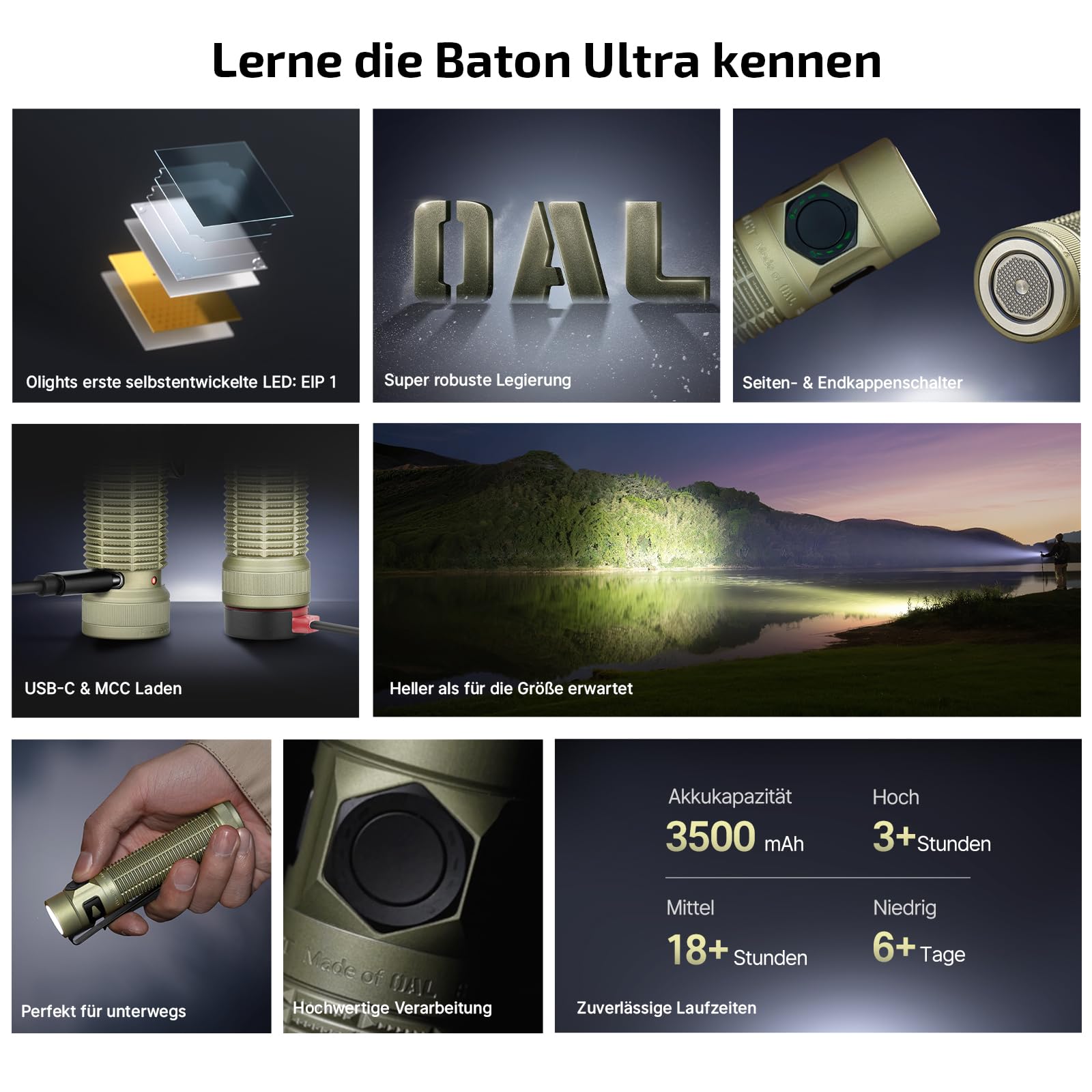 OLIGHT Baton Ultra LED Taschenlampe Aufladbar 1800 Lumen mit 6 Lichtmodi | Taschenlampen mit Zwei Lademethoden Kompakte Handlampe mit Reinweißem Licht IPX8 Wasserdicht für Outdoor Notfall Arbeit