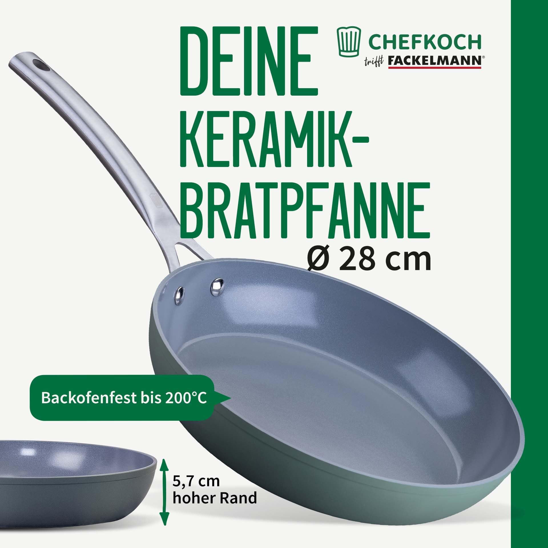 Chefkoch trifft Fackelmann Keramikpfanne Stuttgart Ø 28 cm – Hochwertige Antihaftbeschichtung, 100% recyceltes Aluminium, backofengeeignet bis 200° | Pfanne aus 100% recyceltem Aluminium , Hochwertige Antihaftbeschichtung, Backofengeeignet bis 200°C, Spül