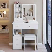 29.2" Vanity Desk Set with Right Sliding Mirror, White Modern Makeup Vanity with 4 Drawers and Open Shelves, Wooden Dresser Table Set with Cushioned Stool, 29.2inch