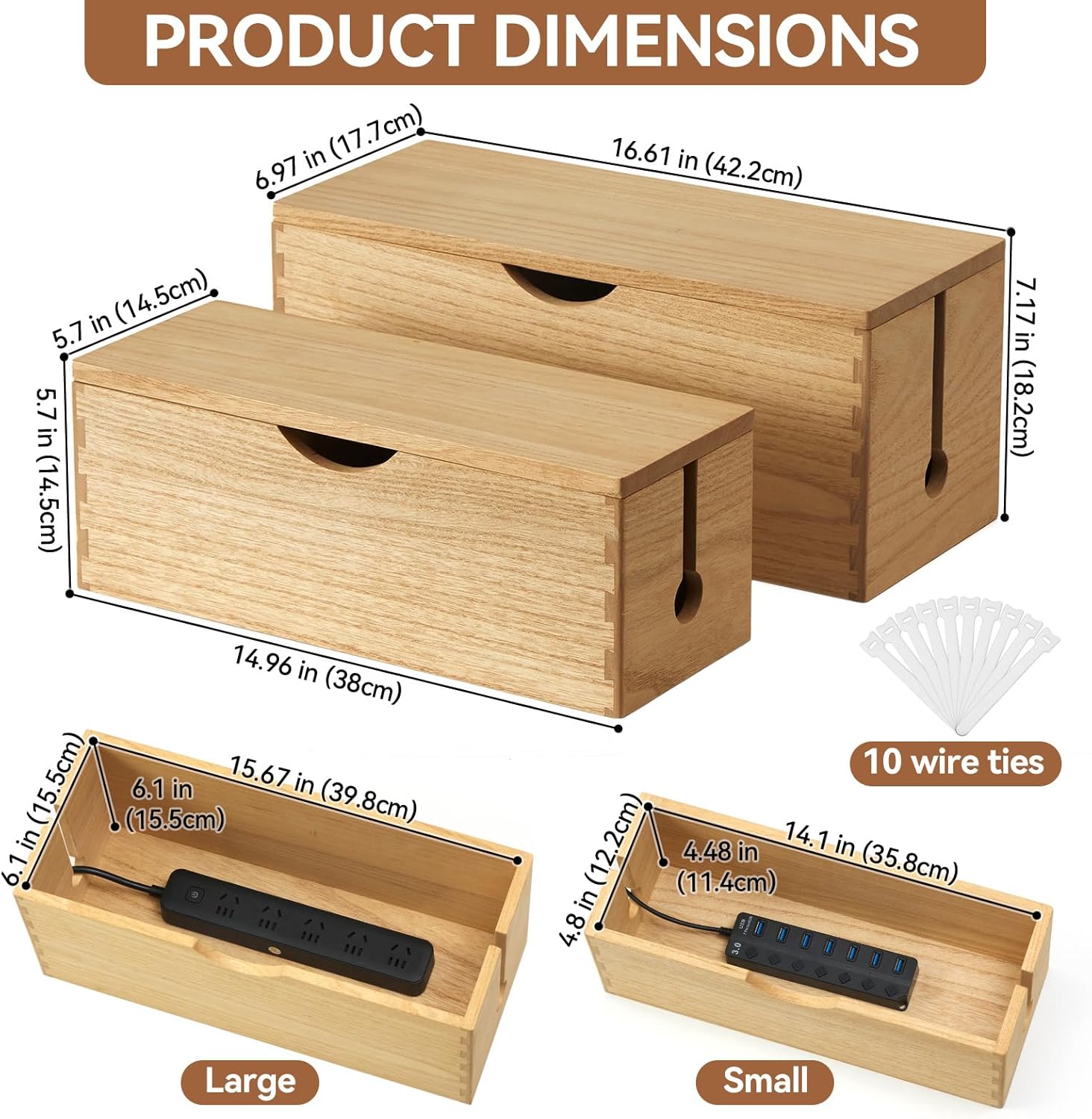 KIRIGEN Wooden Cable Management Box Set of 2 - Solid Wood Large & Small Cord Organizer Hides Power Strips, Chargers & Wires for Desk, TV Stand, Home Office DXH2T-NA