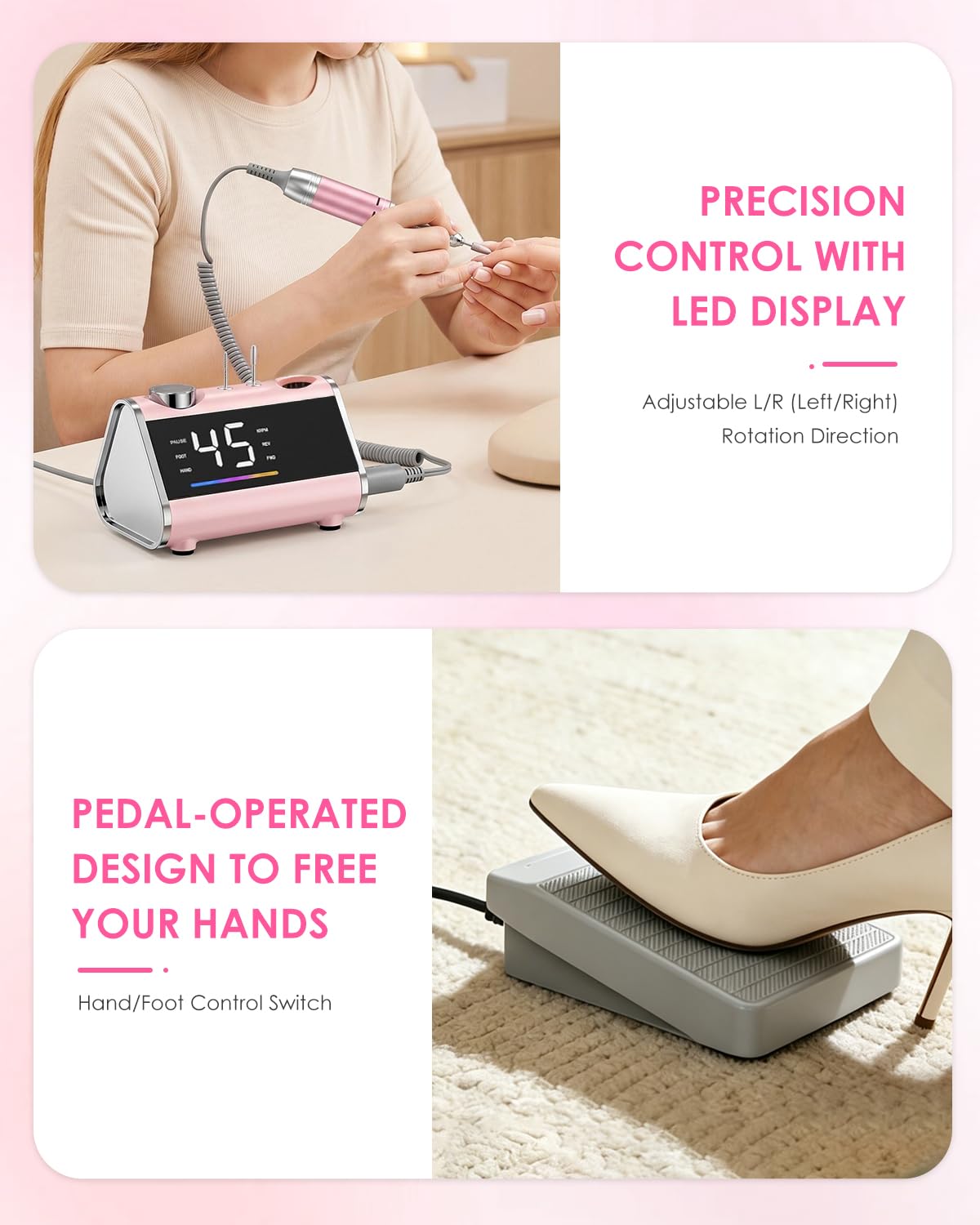 CozyZen Taladro de Uñas Eléctrico Profesional | 45000 RPM, Lijadora con Pantalla LCD, Control Manual y de Pie, Bajo Ruido para Uñas Acrílico/Gel, Manicura y Pedicura