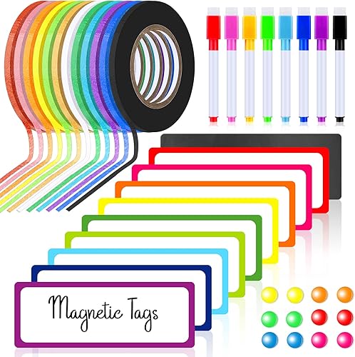 Meanplan El juego de 176 accesorios para pizarra blanca incluye 144 etiquetas magnéticas de borrado en seco, 12 rollos de cinta delgada para pizarra