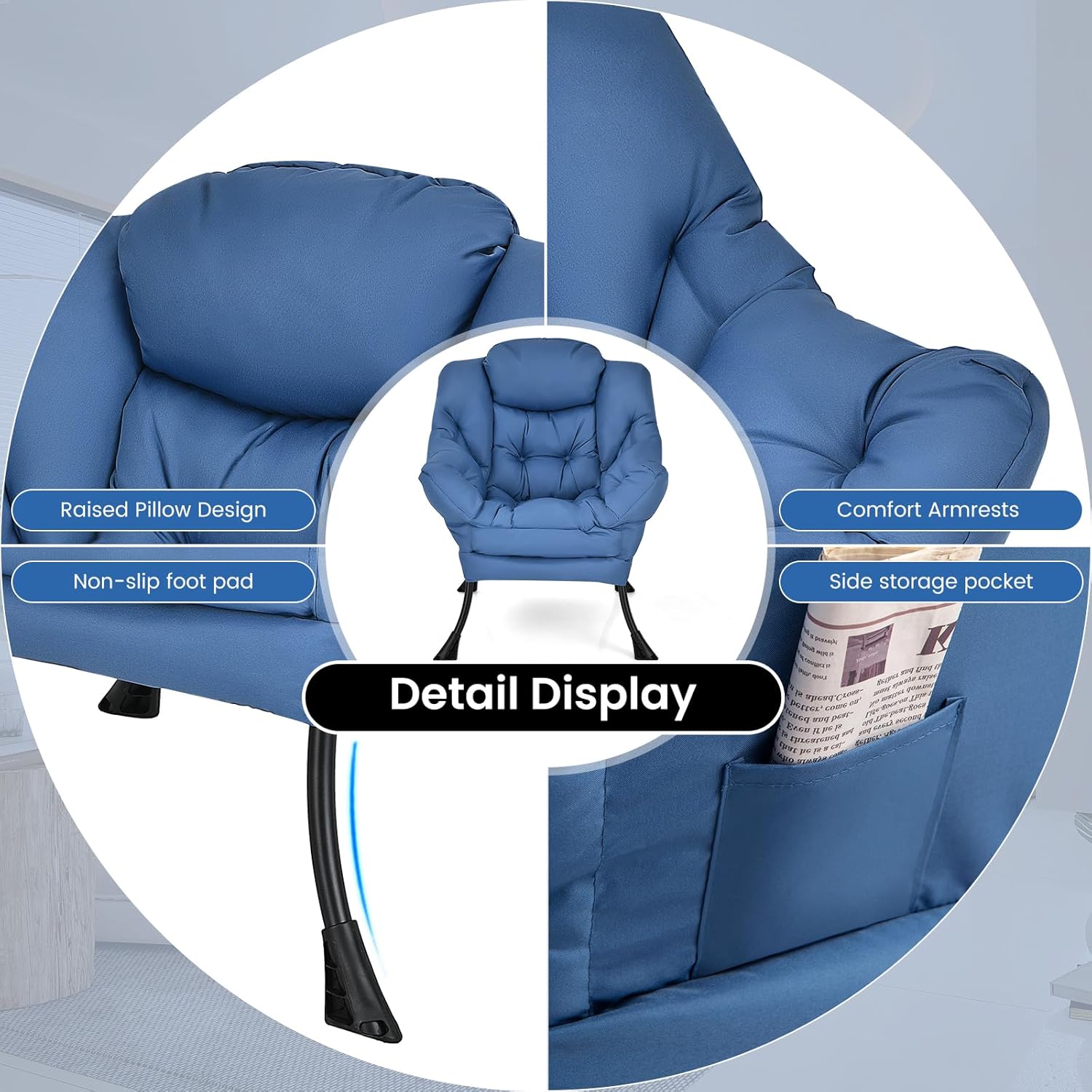 GORELAX Modern Lazy Chair,Upholstered Lounge Accent Chair, Single Leisure Sofa Chair with Armrests & Side Pocket, Comfy Reading Chair for Bedroom, Living Room, Dorm Room (Navy)