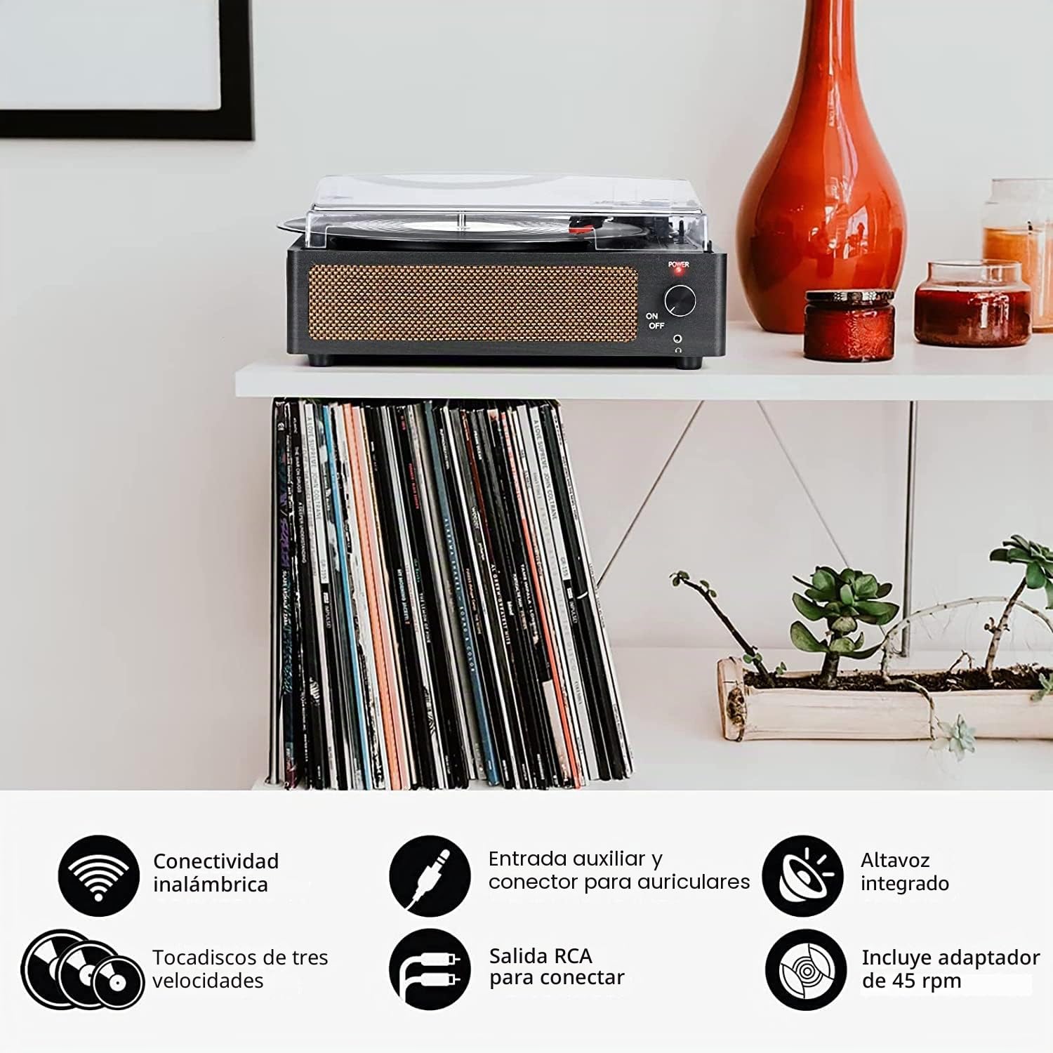 Reproductor de discos de vinilo con altavoz clásico para discos de vinilo, tocadiscos accionados por correa, soporte de 3 velocidades, reproducción inalámbrica, auriculares, retro, negro