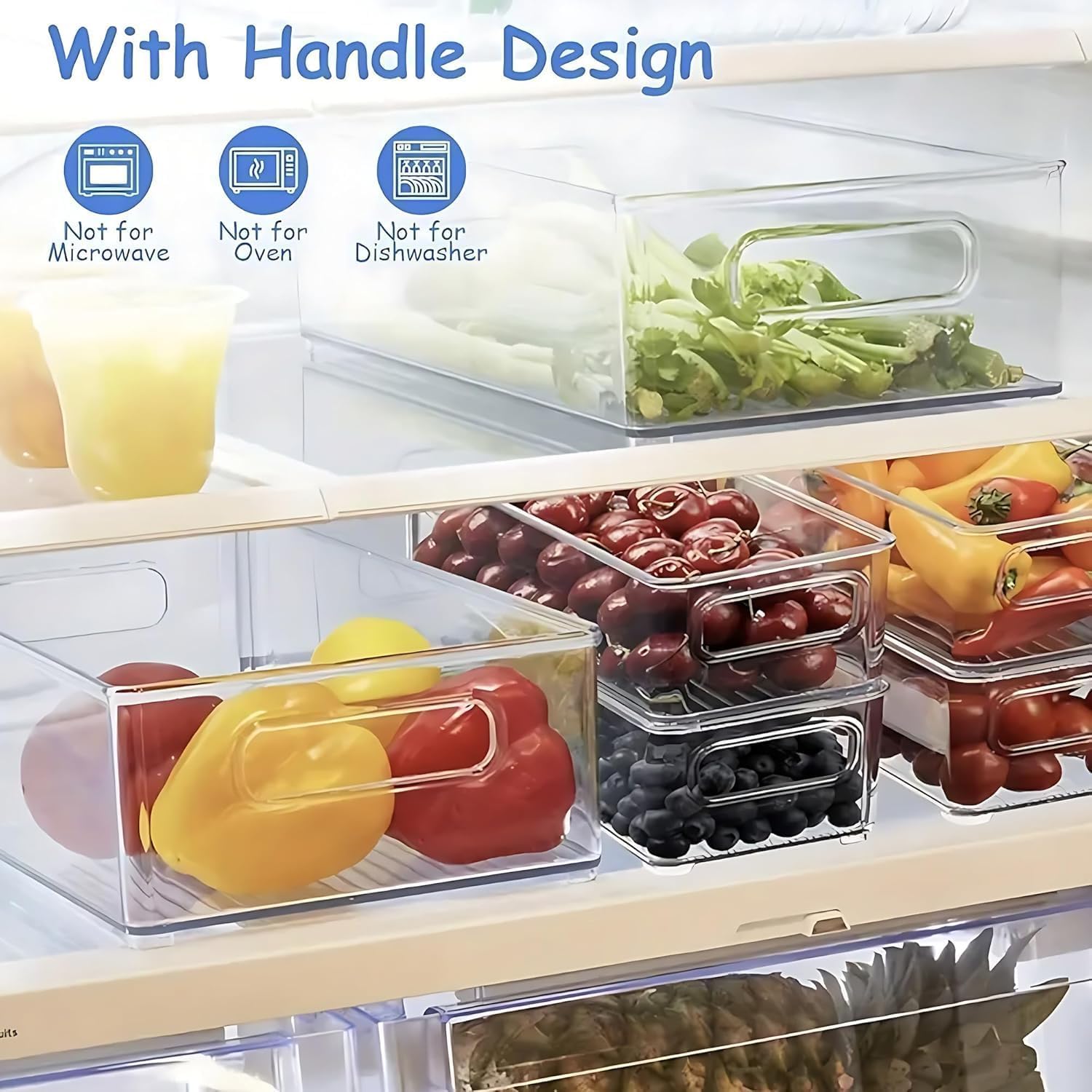 Paquete de 12 contenedores organizadores de refrigerador, 3 tamaños, apilables, transparentes, almacenamiento de despensa con asas para refrigerador, congelador, estantes, cajón