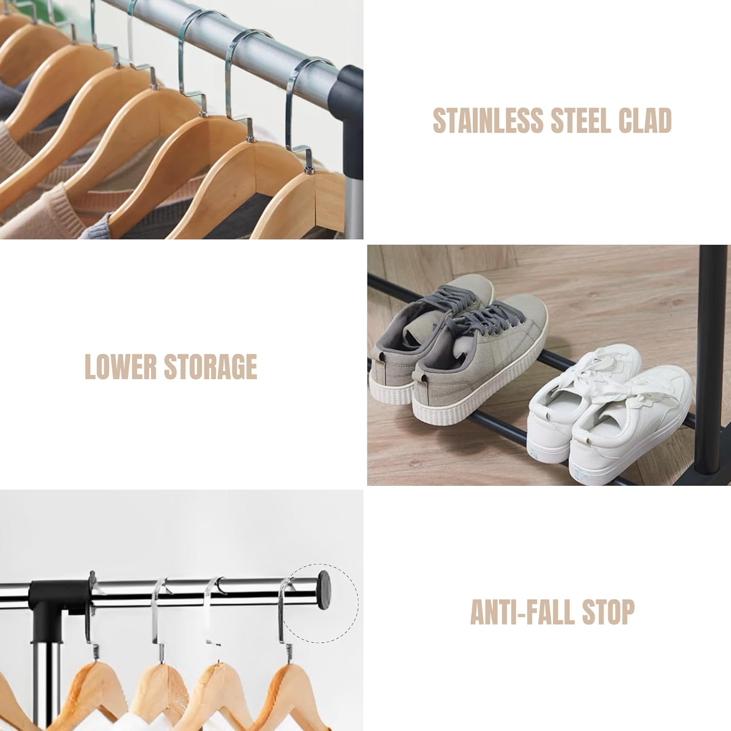 Close-up image of the 360-degree rotating wheels of the XOKOTAKI Double Coat Rack, highlighting the brake feature.