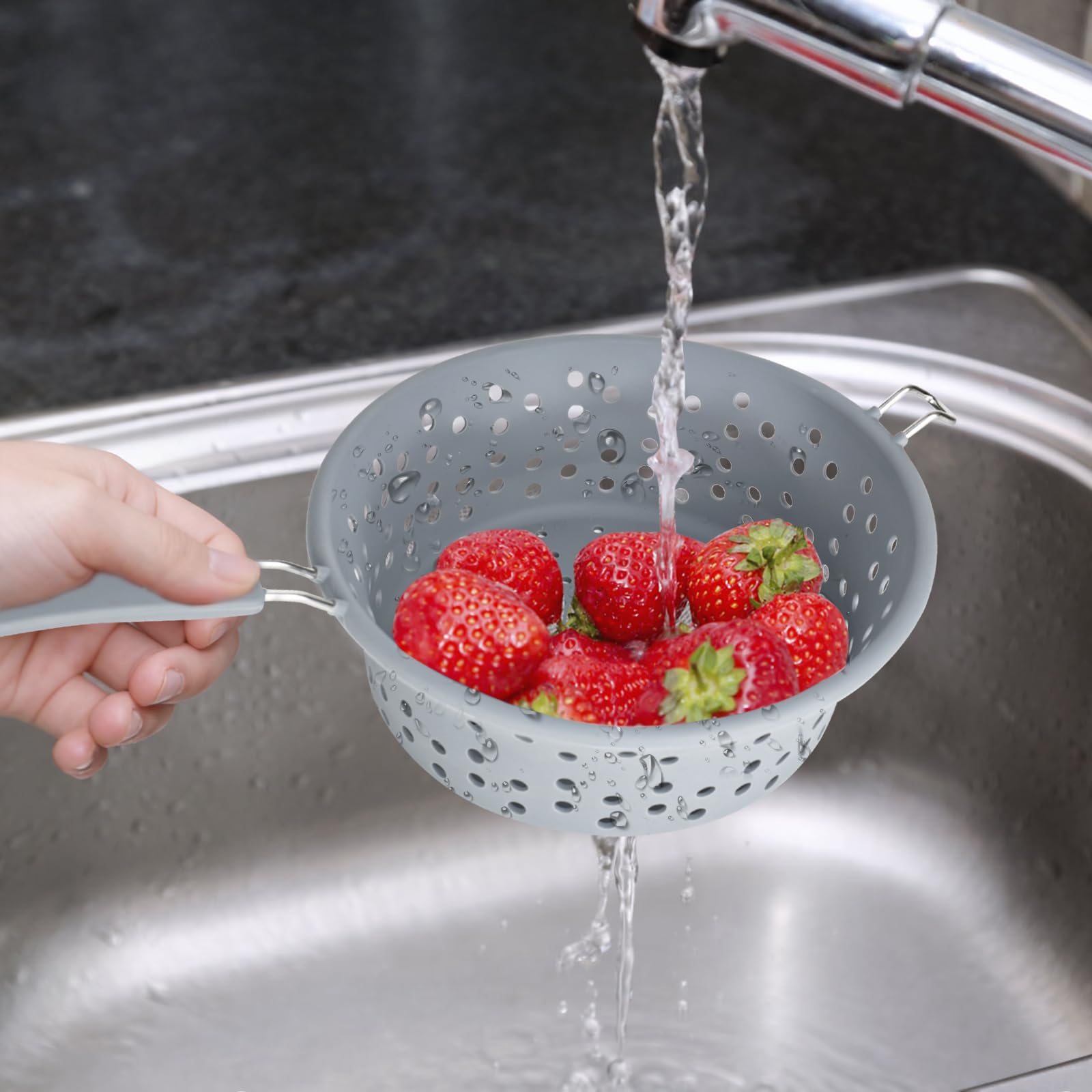 Colador plegable de 21 cm, colador de pasta con asa, colador plegable de silicona, colador multifuncional, resistente al calor, colador de alimentos, para espaguetis, pasta, verduras, frutas