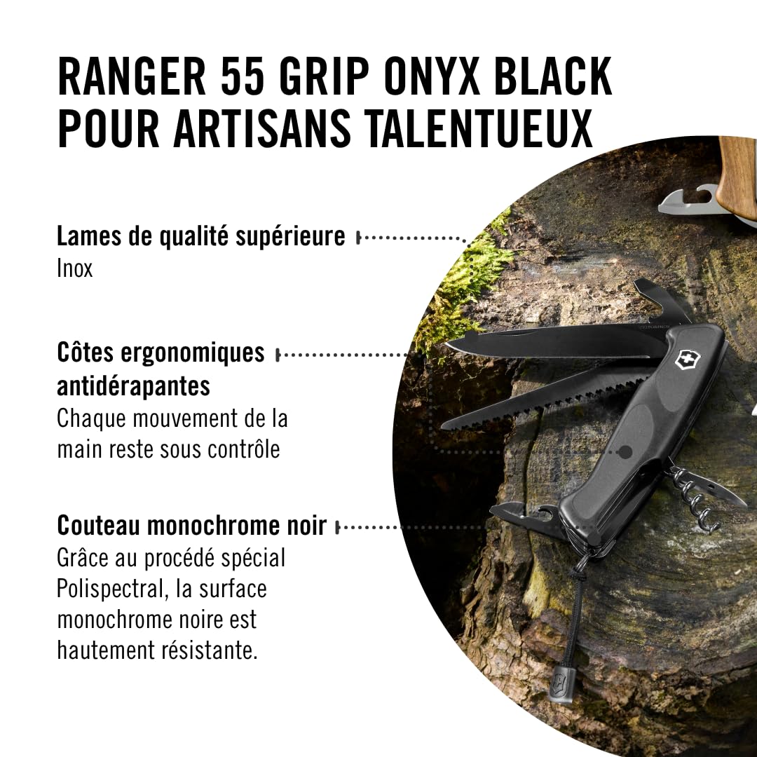 Victorinox, Ranger 55 Grip Onyx Black, Couteau de Poche Suisse, Multifonction, Léger, 13 Fonctions, Grande lame, Ouvre-boîtes, Tournevis 3 mm, Blocable