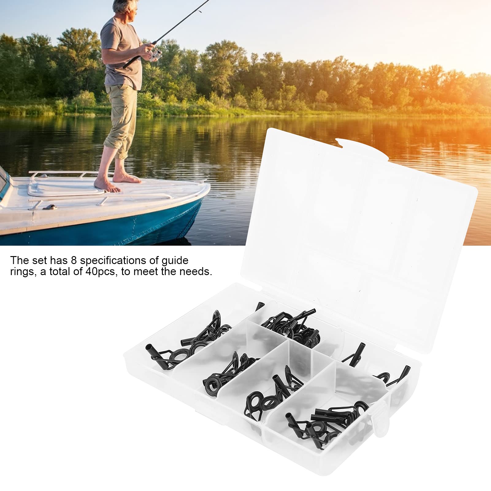 Dilwe Ceramic Ring, 40pcs/Box Fishing Rod Tip Repair Kit Stainless Steel Ceramic Ring Rod Tip Replacement Kit