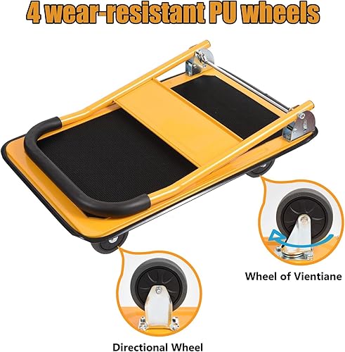 Miniatura 6 de LEADALLWAY Carro plegable con plataforma para empujar, capacidad de 330 libras, 4 ruedas, 28.7 x 18.5 x 32.3 pulgadas, amarillo, pequeño carrito de