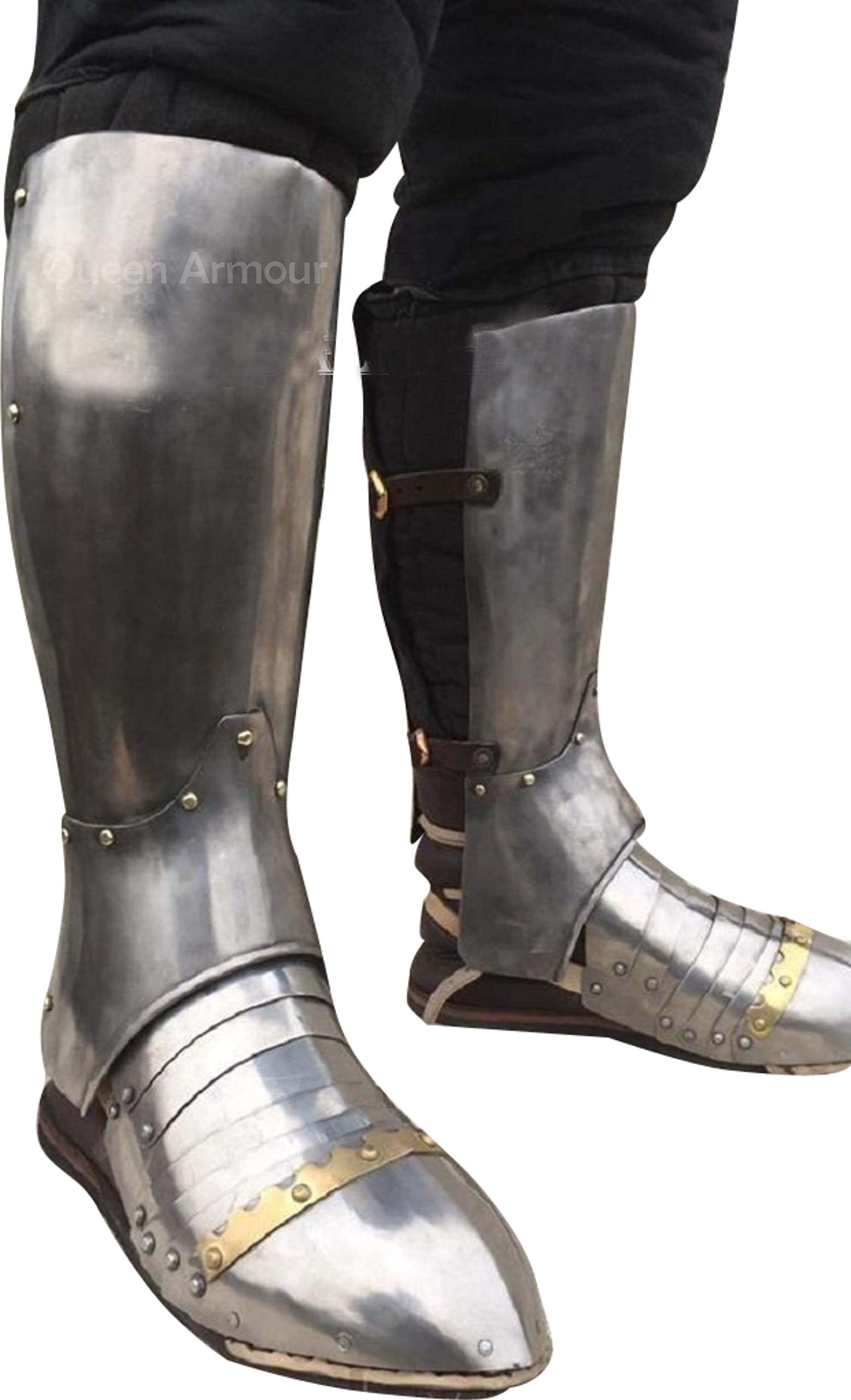 Queen ArmourMedieval Functional Greaves Armor Leg Guard Silver Shoulder Medieval Crusader Costume Leather Armor Knight Helmet, Silver, One Size