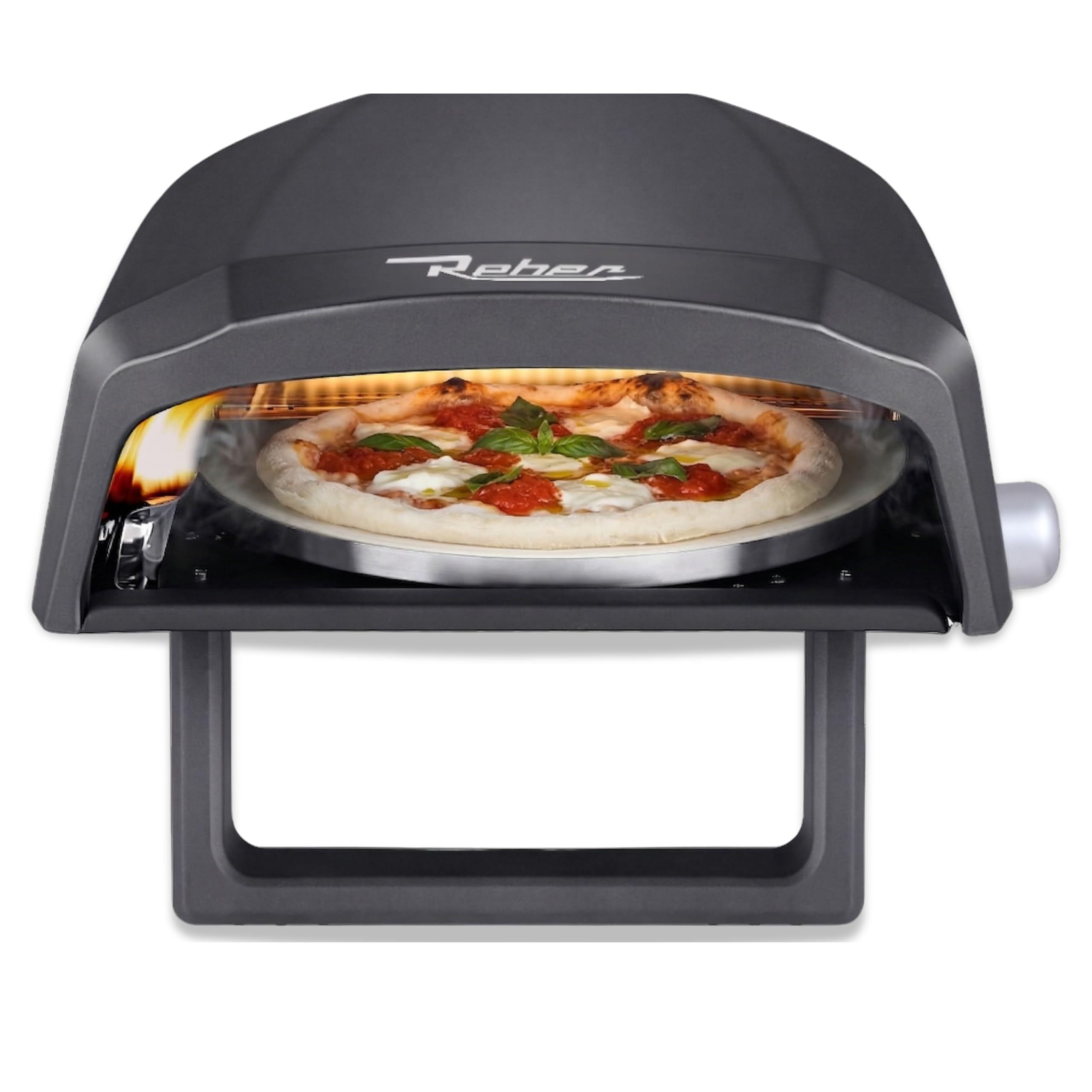 Reber Forno Pizza a Gas con Piatto Rotante 32 cm – PizzaReber con Doppio Bruciatore GPL, Acciaio INOX e Alluminio – Cottura Pizza in 1 Minuto fino a 500° – Piedi Pieghevoli e Facile da Trasportare