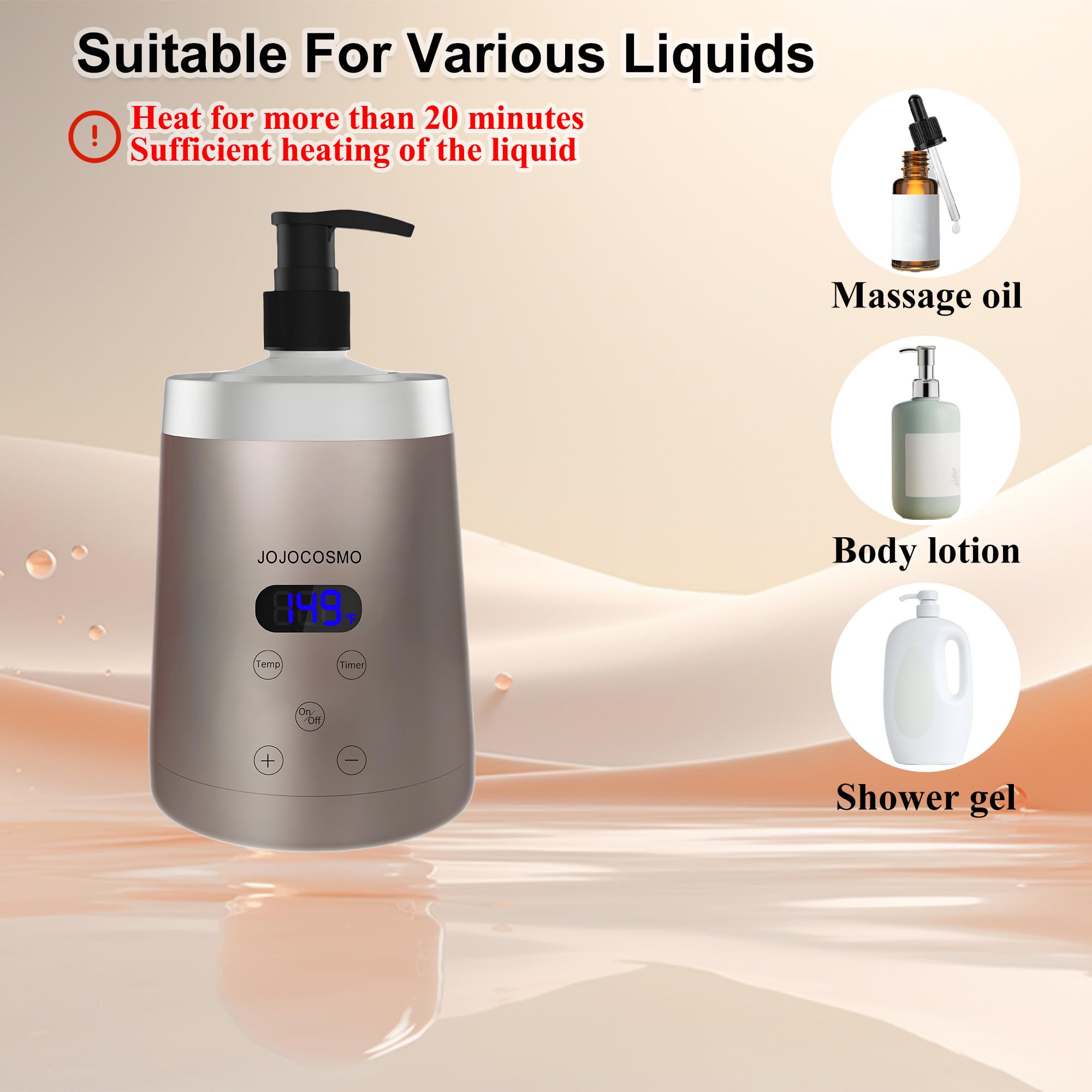 Calentador de aceite de masaje, con 2 dispensadores de botellas de loción, temperatura ajustable de 30.0 °C a 65.0 °C, pantalla conmutable ℉/℃, adecuado para masaje de salón y hogar, oro
