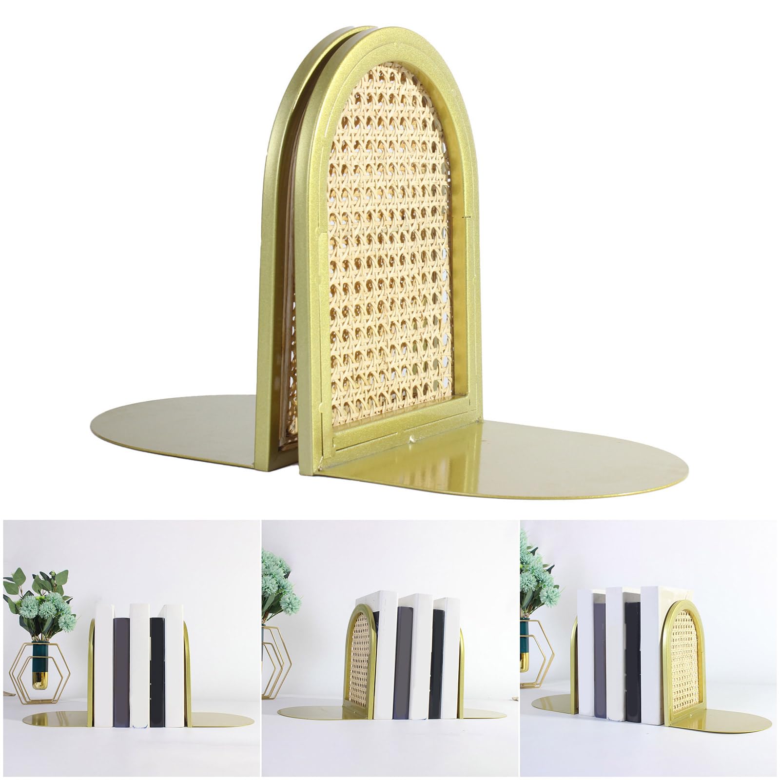 Fermalibri ad arco in rattan in metallo, semplici fermalibri da scrivania, organizer per libri e riviste