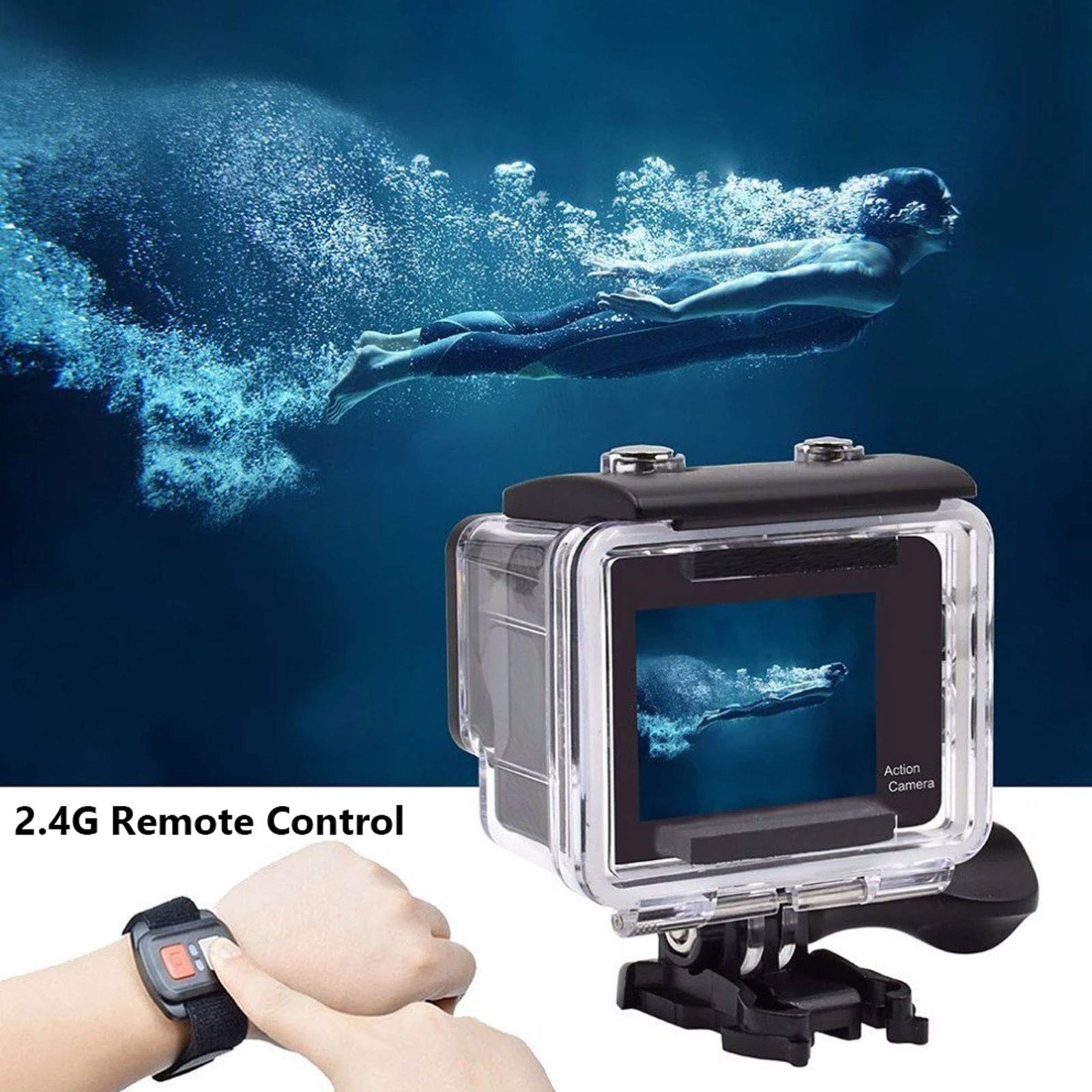 Macchina Fotografica Subacquea, Fotocamera Subacquea Digitale Full HD 4K, Doppio Schermo, Stabilizzatore D'immagine Giroscopico, Impermeabile Sommergibile Fino a 30 M,Nero