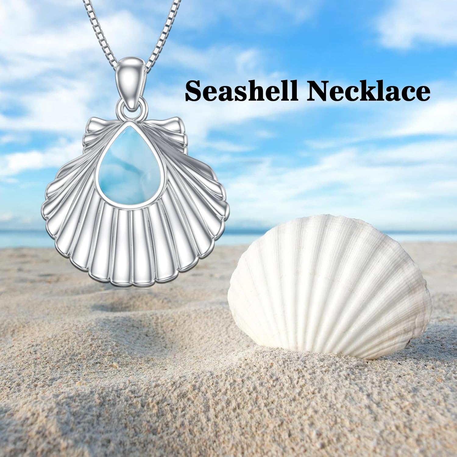 Larimar Seashell Necklace 925 Sterling Silver Teardrop Larimar Gemstone Seashell Pendant Summer Beach Jewelry Gifts for Women - Image 7